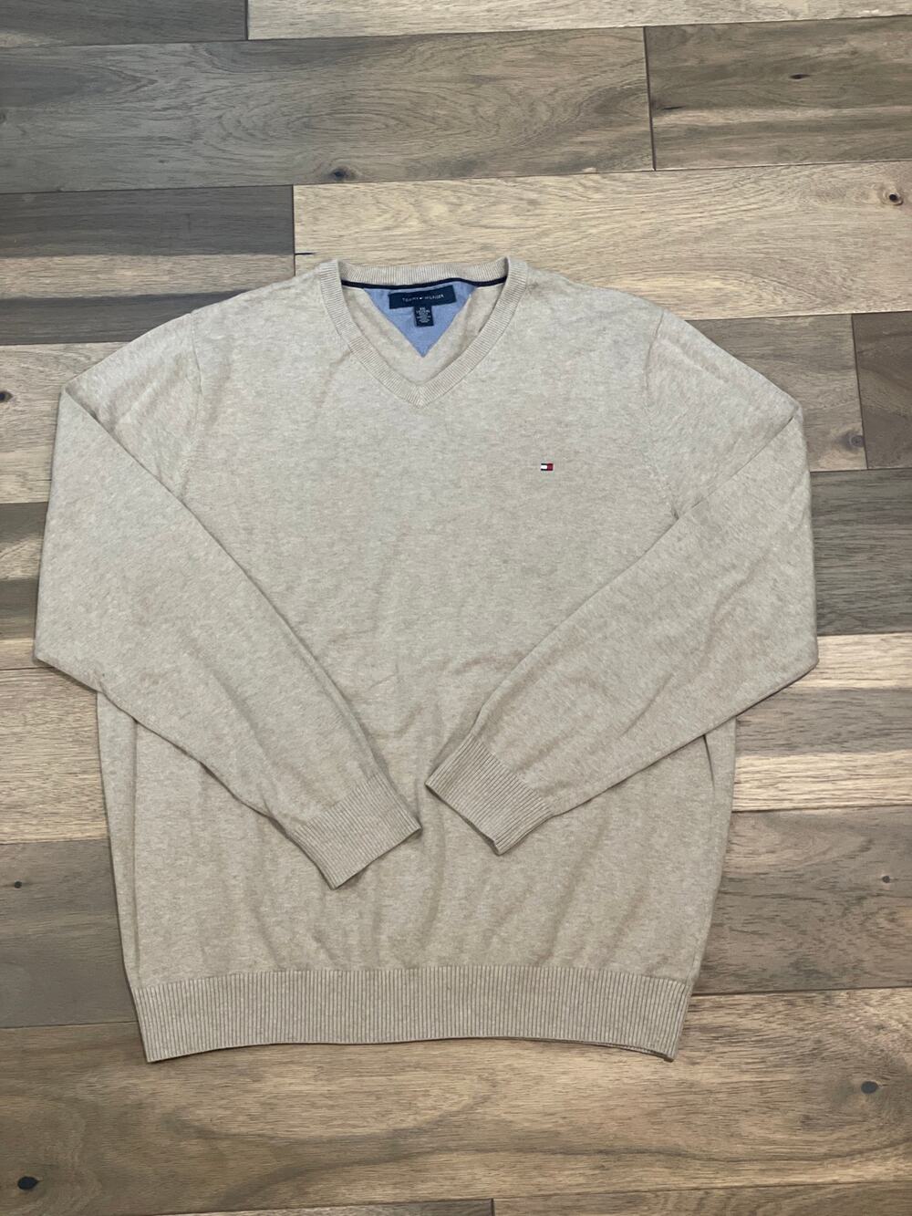 Tommy Hilfiger V Neck Sweater Size XXL Heathered Tan Cotton Knit Classic